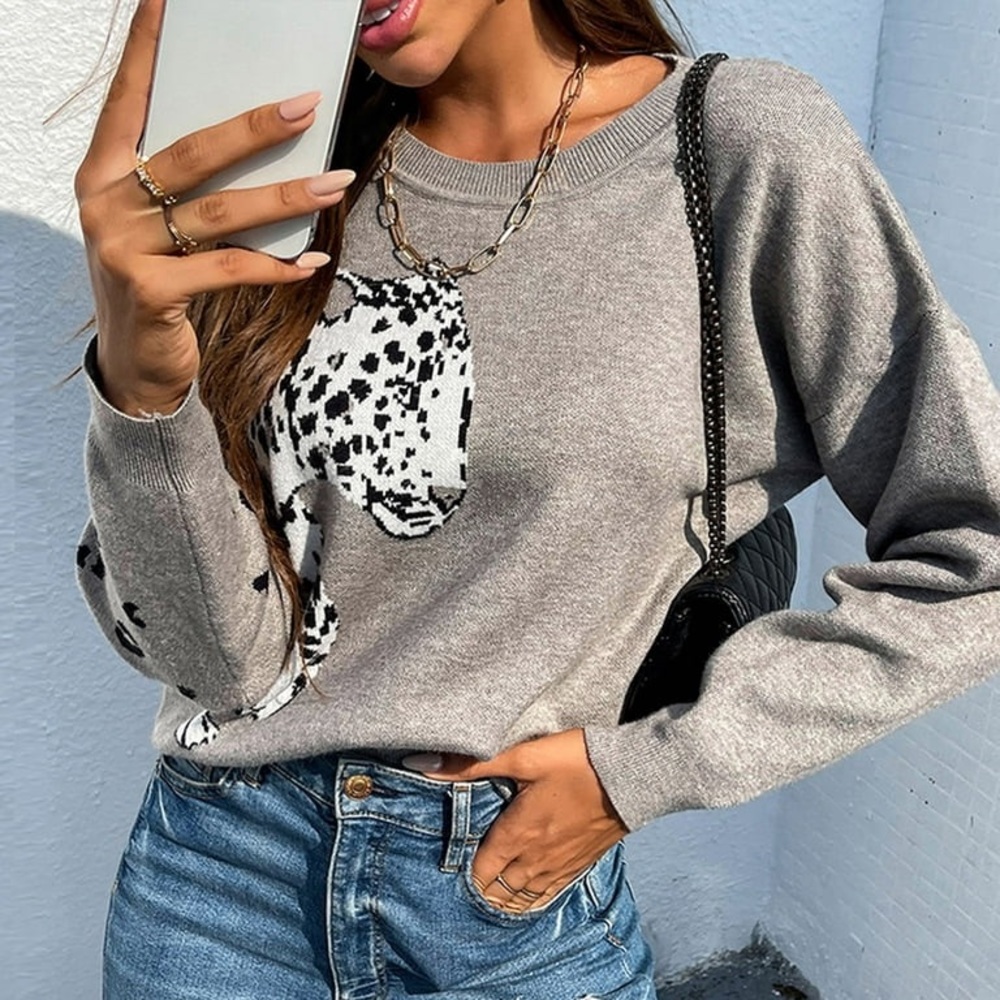 WDSTYLE Crew Neck Knitted Sweaters for Women Loose Casual  Leopard Print…